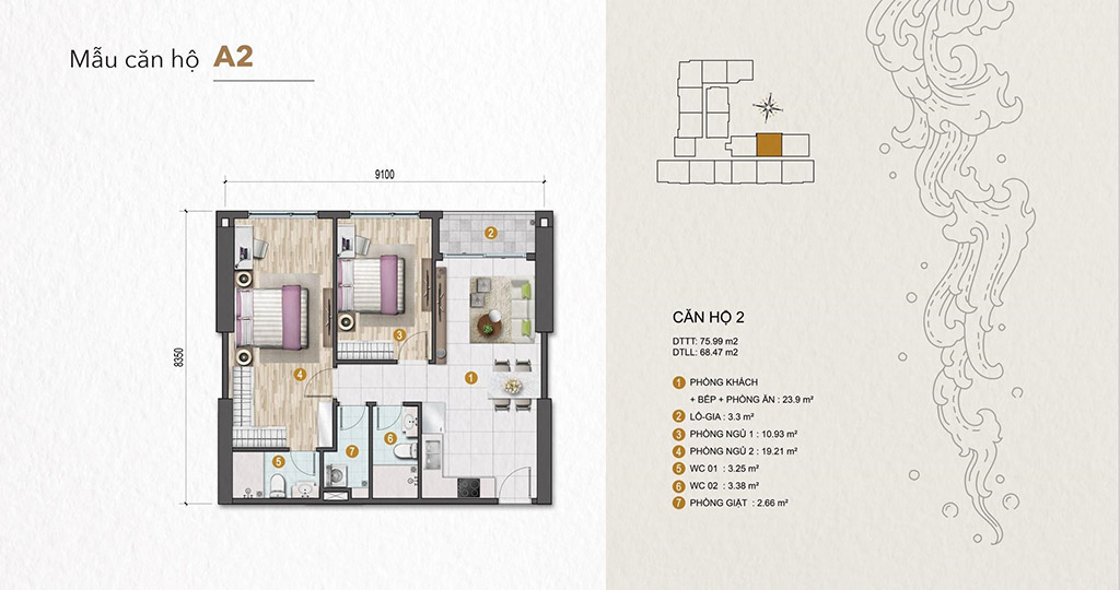 Layout căn hộ 2 phòng ngủ Legacy 66 tân thành