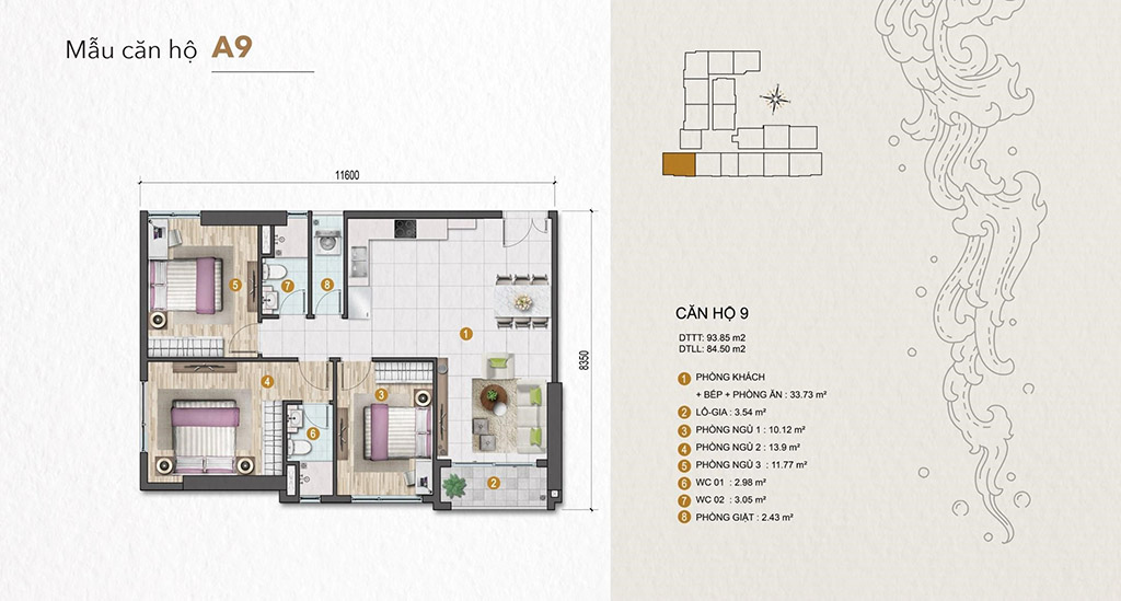 Layout căn hộ 3 phòng ngủ Legacy 66 tân thành